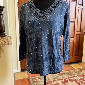 Palm Dream  Blue V Neck 3/4 Length Sleeves Silver Sequins Size L T Shirt